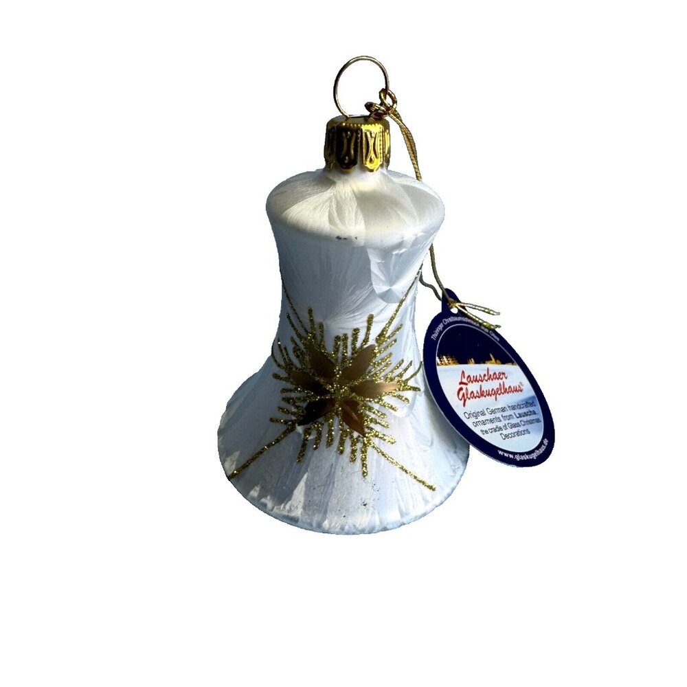 Lauscha Glassworks White Pearly Blown Glass Gold Trim Bell Ornament Germany